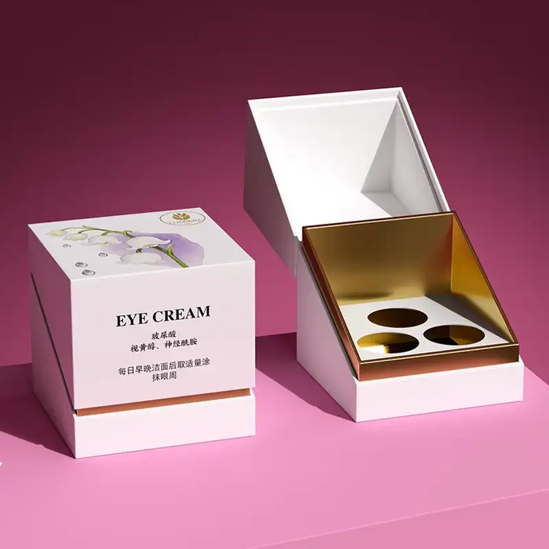 علب مستحضرات تجميل صلبة عالية الجودة بشعار مخصص، مصنوعة من ورق مقوى معاد تدويره، مزودة بغطاء وقاعدة مغناطيسية متينة، مناسبة للوشن وكريم الوجه وكريم العين. 1