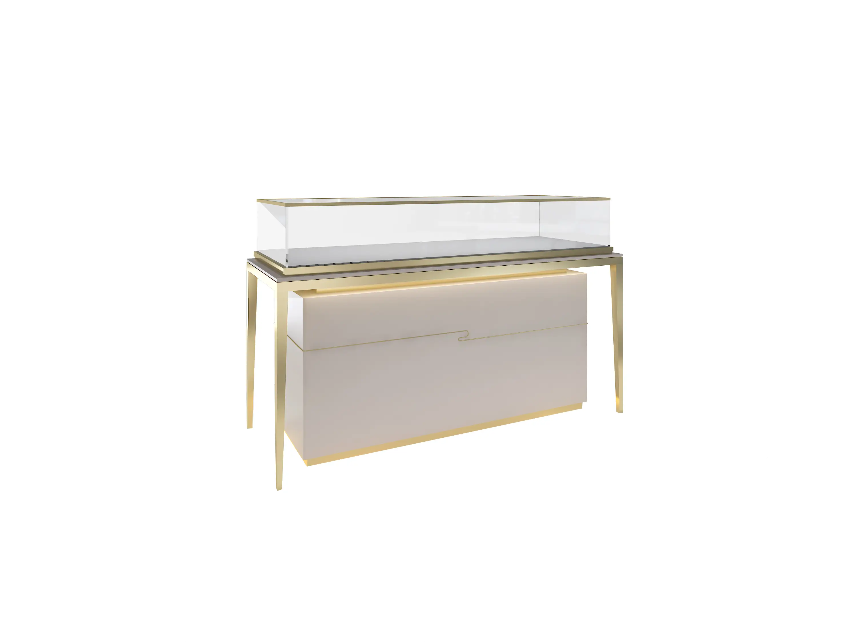 Comptoir d'exposition de bijoux minimaliste à pieds dorés, idéal pour une utilisation commerciale. 1