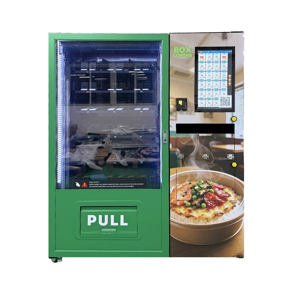 Smart hot food vending machine with dual integrated microwaves for rapid 60-second meal heating and service.
