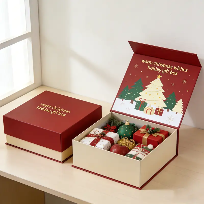 صندوق هدايا عيد الميلاد أخضر كلاسيكي مستطيل الشكل قابل للطي مغناطيسيًا، مصنوع من ورق مقوى قابل لإعادة التدوير، مزين بطباعة بارزة أنيقة، متوفر بمقاسات مخصصة. 1