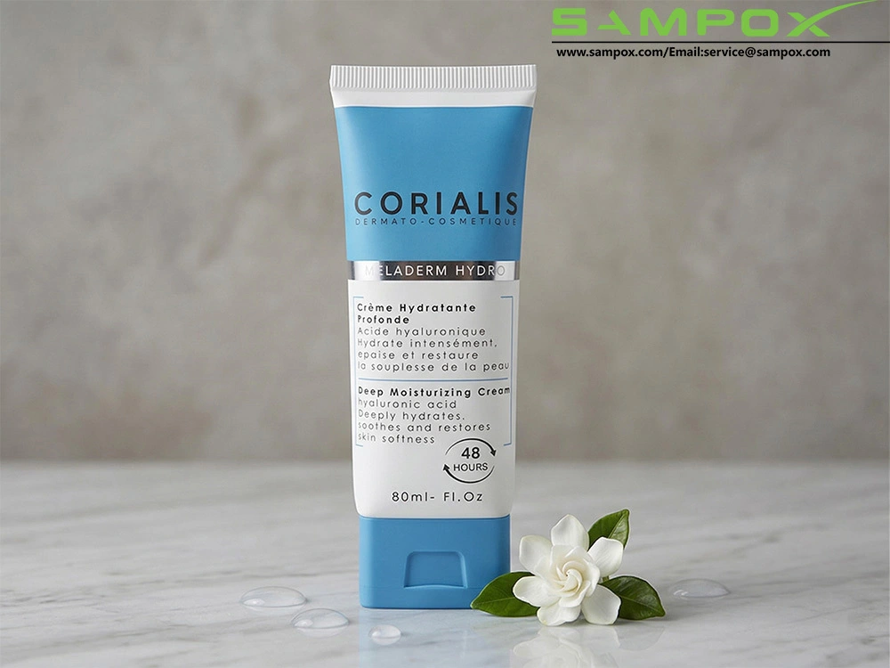 Blue and White PE Oval Cream Tube 80ml 40mm with Square Cap and Silver Stamping 1