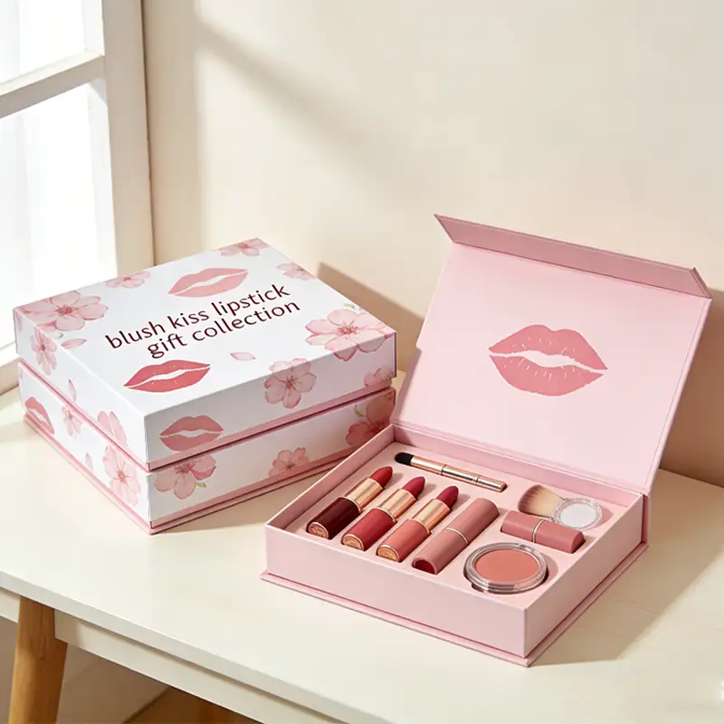 علب مستحضرات تجميل صلبة قابلة لإعادة التدوير، قابلة للتخصيص، بإغلاق مغناطيسي، ونافذة صغيرة مطبوعة بأربعة ألوان لمجموعة أحمر الشفاه 1