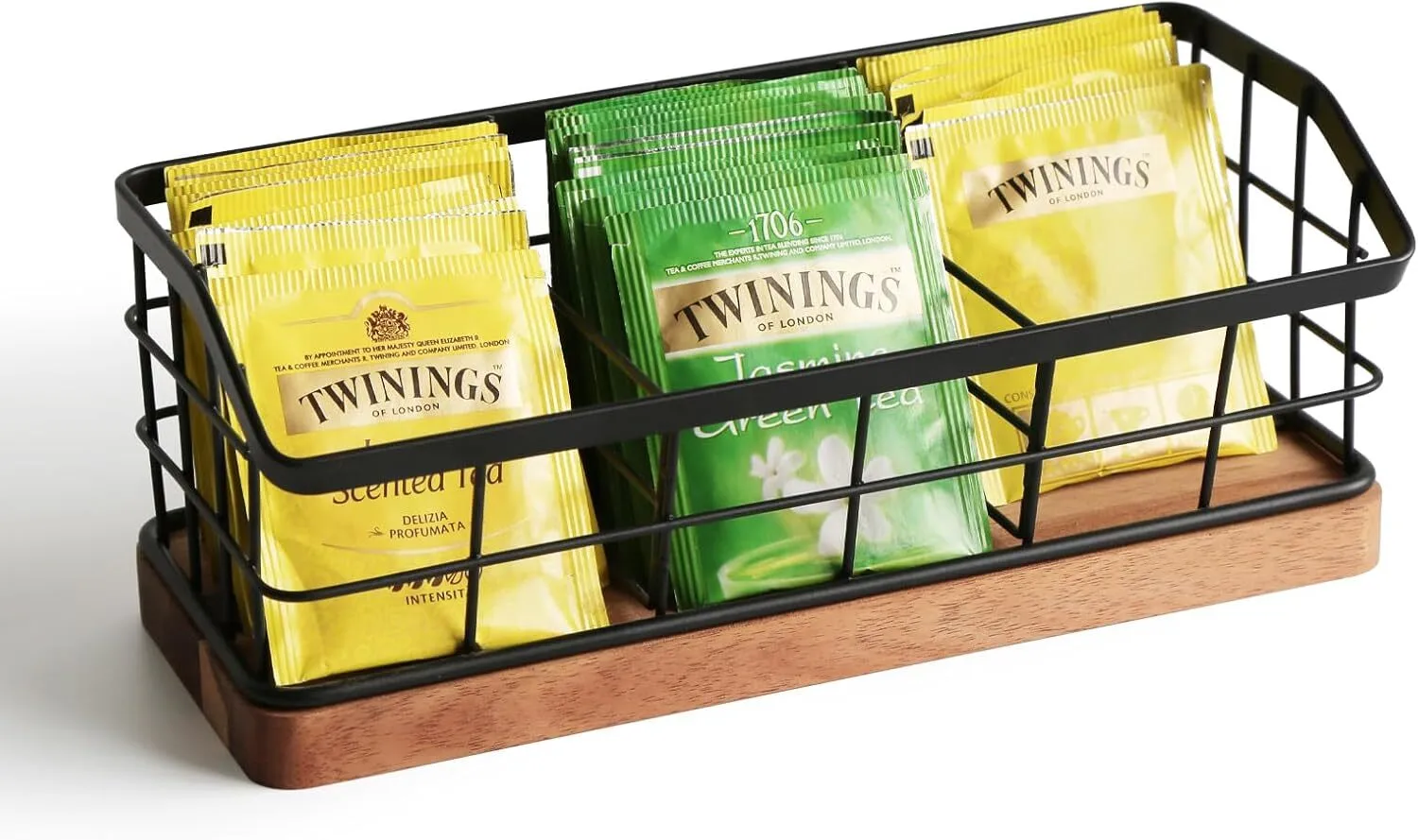 Tea Bag Organizer,Iron Wire Basket with Wooden Base.Tea Storage Containers with 3 Slots,Sugar Packet,Tea Bar Accessories for Countertop Cabinet Drawer SH-KI23111 1