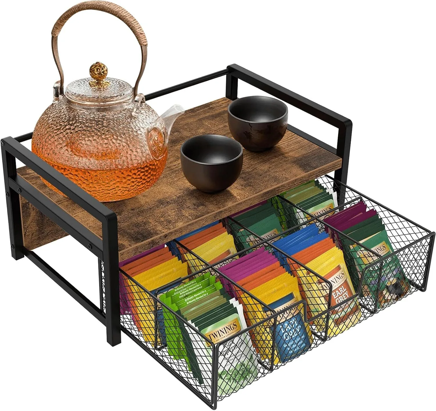 Tea Bag Organizer, Wood Tea Organizers and Storage Chest, Teabag Holder with Storage Drawer,Tea Station Chest Display Container Box for Countertop Kitchen, Rustic Brown SH-KI23112 1