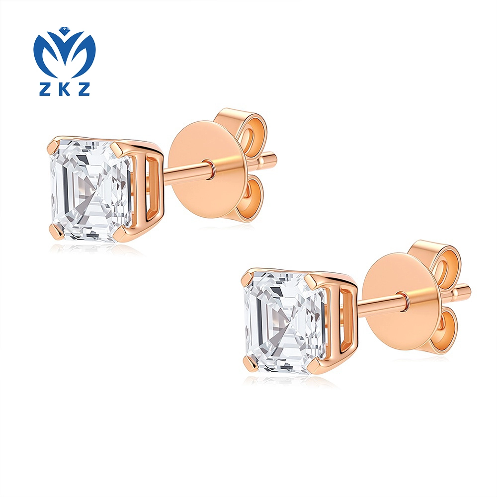 1.026ct DEF VVS Ascher Cut Ear Studs Four Prongs Earrings 18K Yellow Gold Single Diamond ZKZ-120 1