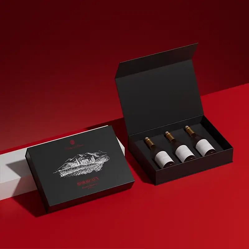 علبة هدايا فاخرة من الورق المقوى، تتسع لزجاجتي نبيذ، مزودة بمقبض، وإغلاق مغناطيسي، وطباعة بأربعة ألوان. 1