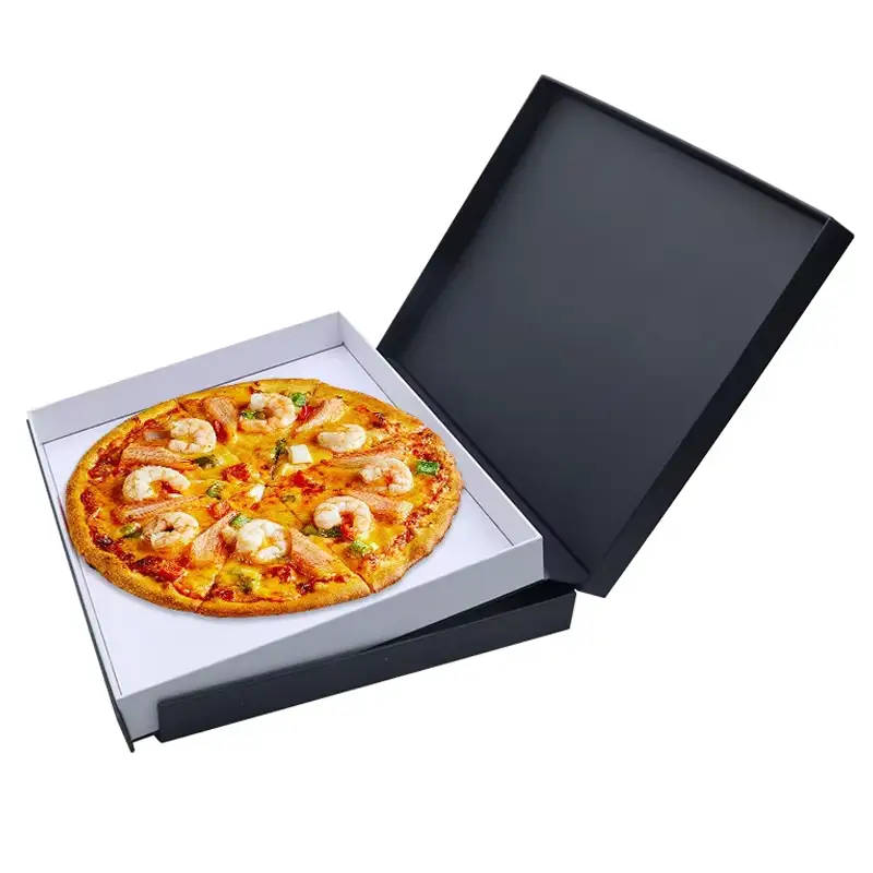 علبة بيتزا مربعة من الورق المقوى، مطبوعة حسب الطلب باللونين الأسود والأبيض، قابلة لإعادة التدوير، الأكثر مبيعًا، مع طبقة تغليف غير لامعة مطلية بطبقة مقاومة للأشعة فوق البنفسجية. 1
