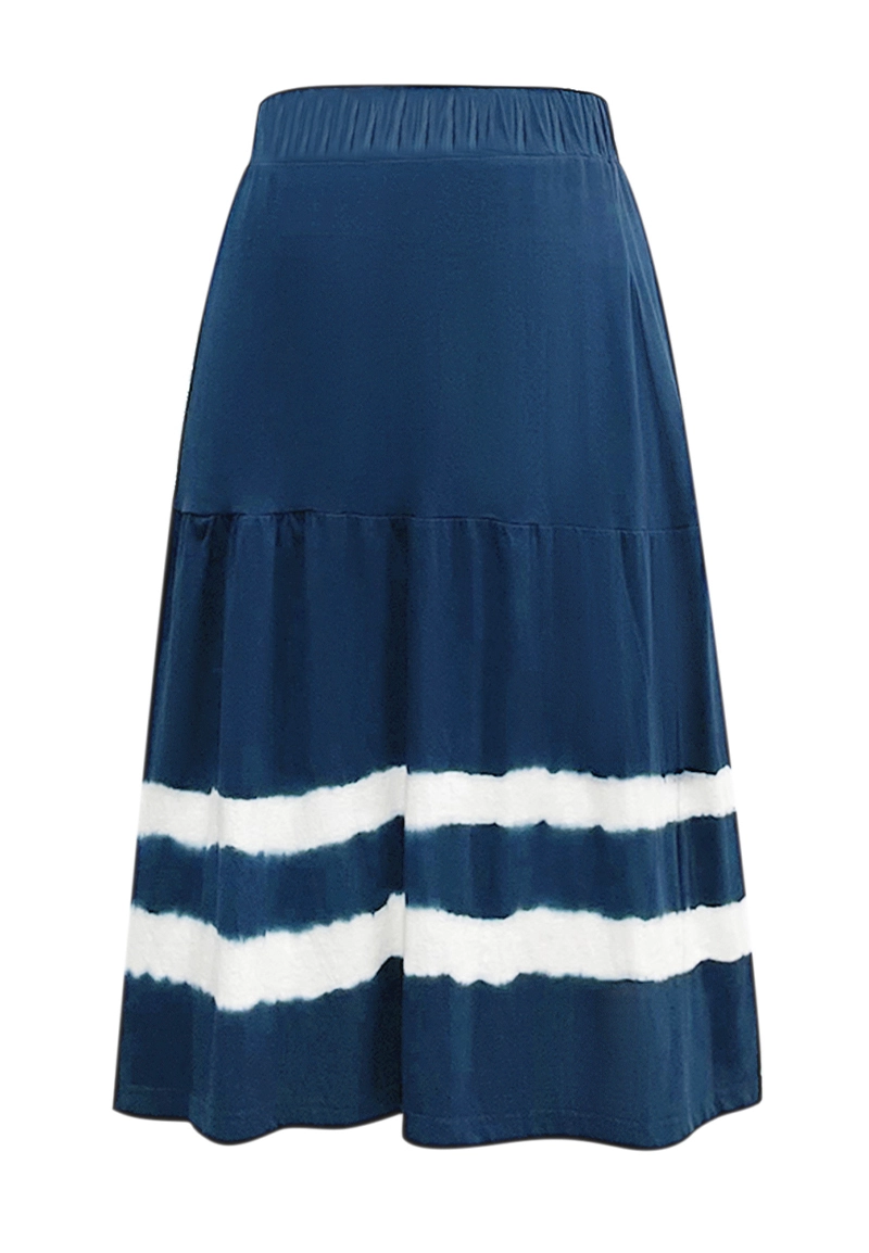 Gonna midi a balze da donna blu navy con stampa tie-dye, vita alta elasticizzata, estiva, da spiaggia, Vepeen Apparel 1