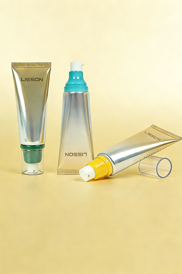 Empty Cosmetic Squeeze Tube with Ribbed Pump Dispenser for Skincare Lotion Cream Packagin 1