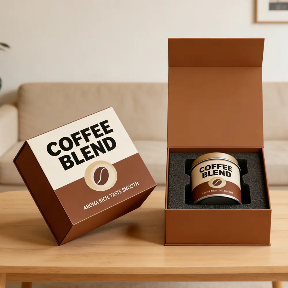 علبة هدايا قهوة مصنوعة خصيصًا من الكرتون المقوى الصلب مع كتاب مغناطيسي ومجموعة طعام، مغلفة بطبقة لامعة غير لامعة. 1