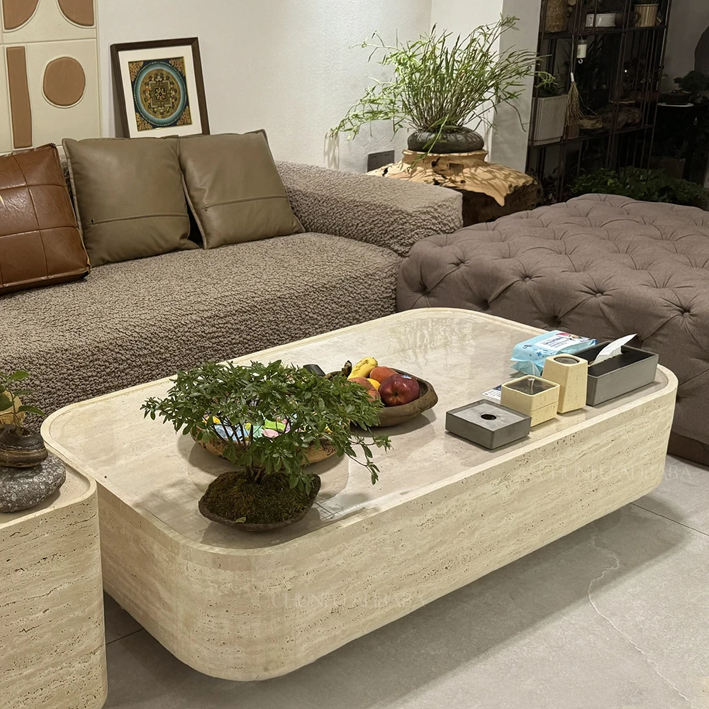 طاولة قهوة تشونفو العصرية الفاخرة المصنوعة من حجر الترافرتين الطبيعي، بقاعدة متينة، مثالية لغرفة المعيشة. 1