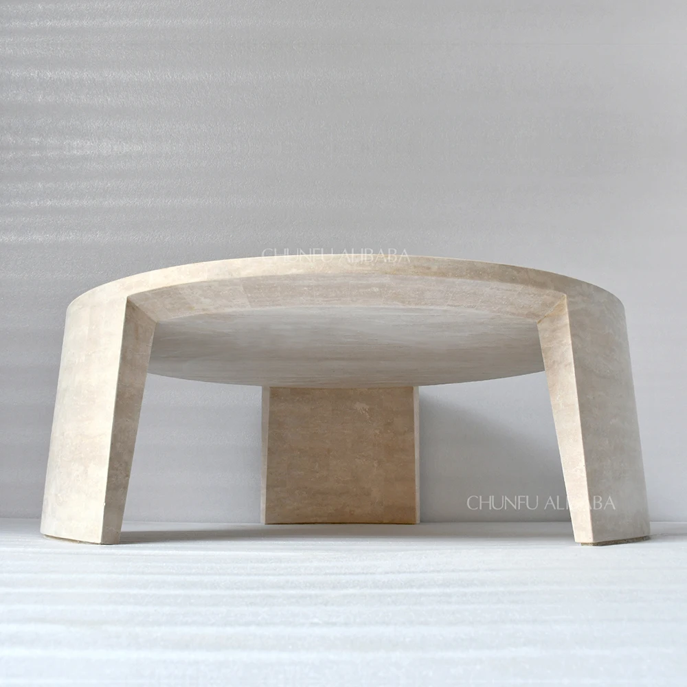 طاولة قهوة دائرية عصرية بتصميم بسيط من حجر الترافرتين الطبيعي من تشونفو، مزودة بدعامة متينة لغرفة المعيشة 1