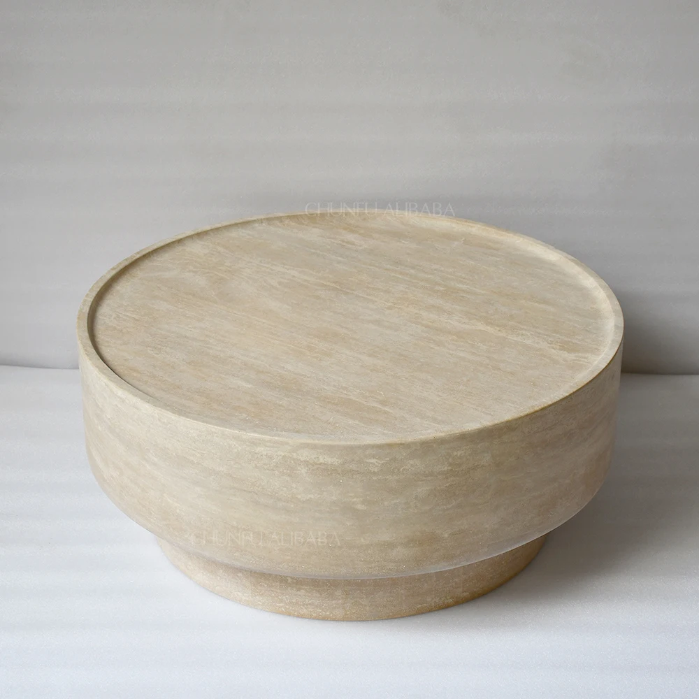 طاولة قهوة دائرية فاخرة وعصرية من حجر الترافرتين الطبيعي من تشونفو، بقاعدة متينة، مثالية لغرفة المعيشة. 1