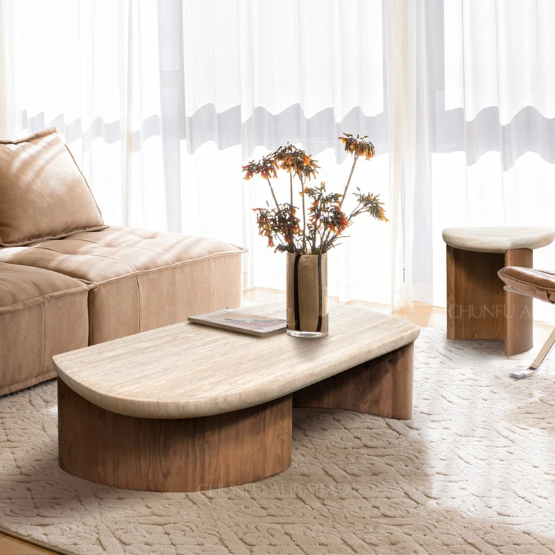Chunfu Modern Luxury Natural Travertine & Wood Coffee Table Travertine Coffee Table with Sturdy Base for Living Room 1