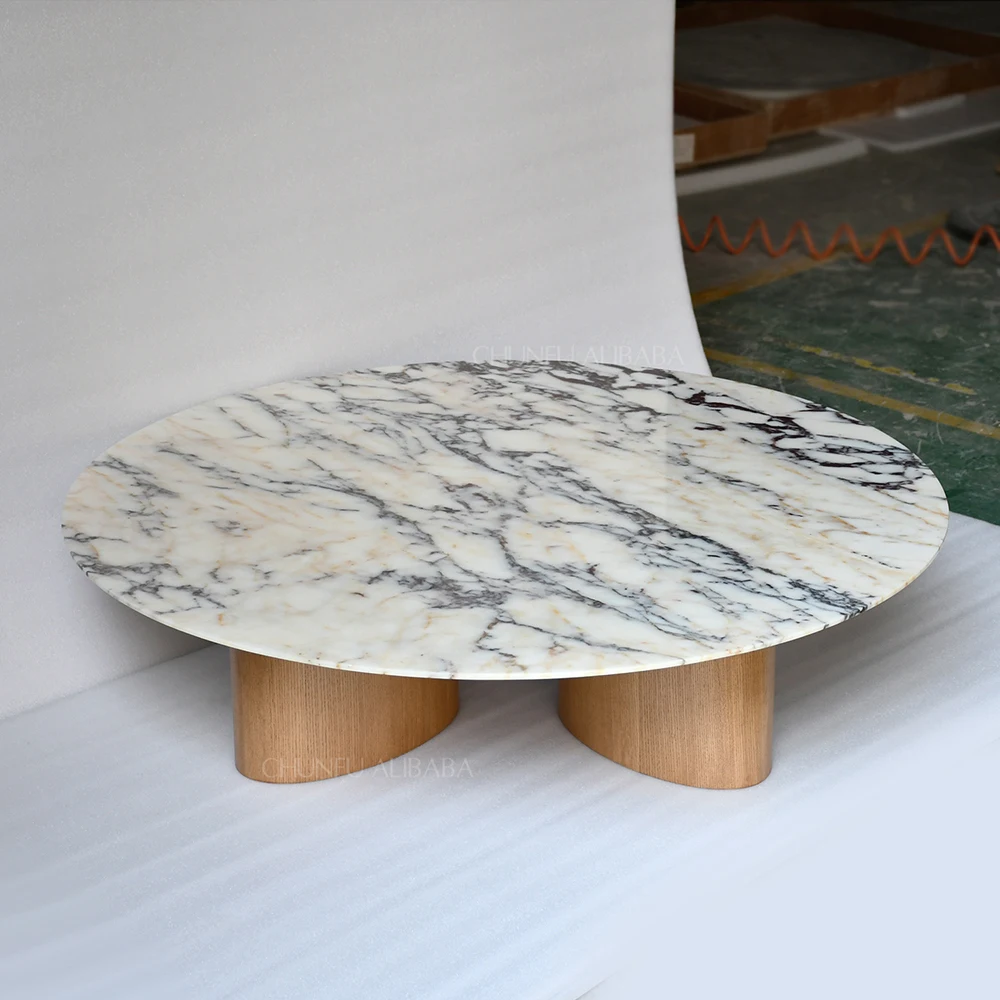 Chunfu Modern Luxury Natural Marble & Wood Round Coffee Table Marble Coffee Table with Sturdy Base for Living Room 1