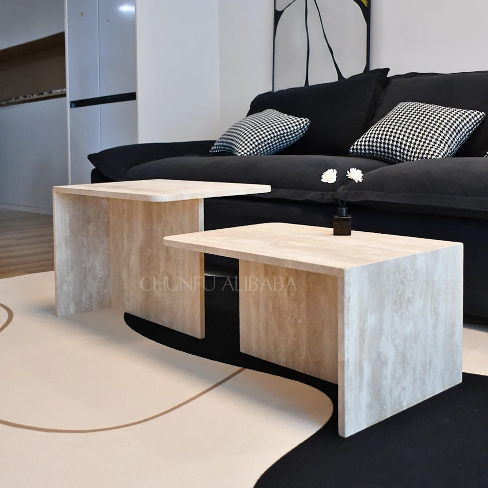Mesas de centro apilables Chunfu Modern Minimalist de travertino natural. Mesa de centro de travertino con diseño que ahorra espacio para la sala de estar. 1