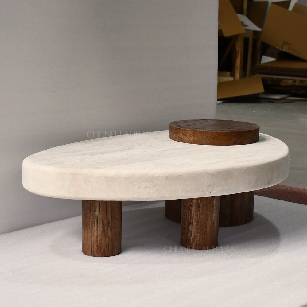 Mesas de centro nido Chunfu Modern Luxury de travertino natural y madera. Mesa de centro de travertino con diseño que ahorra espacio para la sala de estar. 1