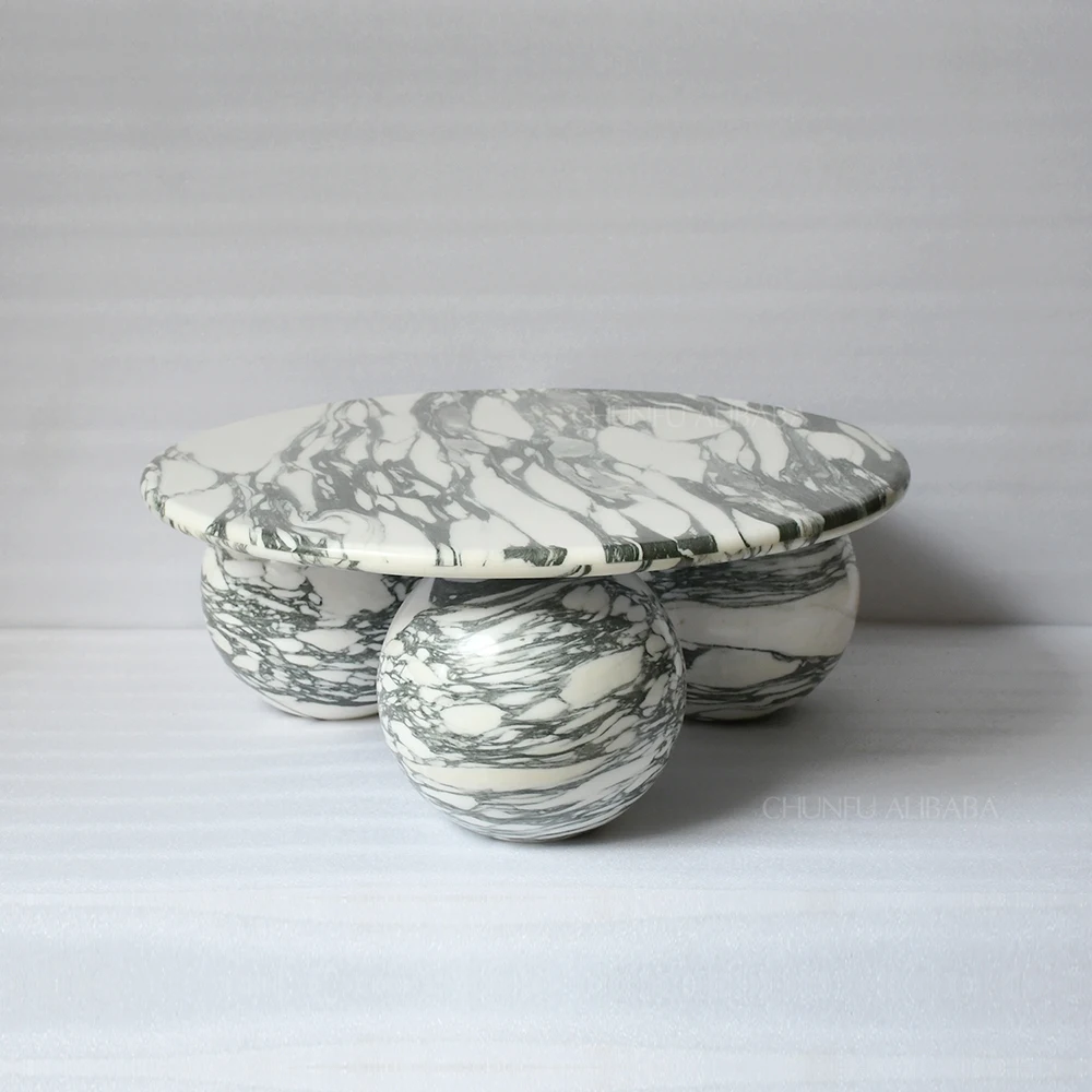 Современный роскошный круглый журнальный столик Chunfu из натурального травертинового мрамора со скульптурным основанием в виде сферы для гостиной. 1