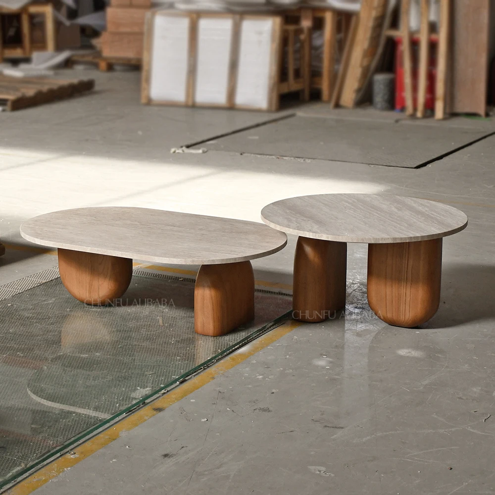 طاولات قهوة متداخلة فاخرة وعصرية من رخام الترافرتين الطبيعي والخشب من تشونفو، بقاعدة متينة لغرفة المعيشة 1