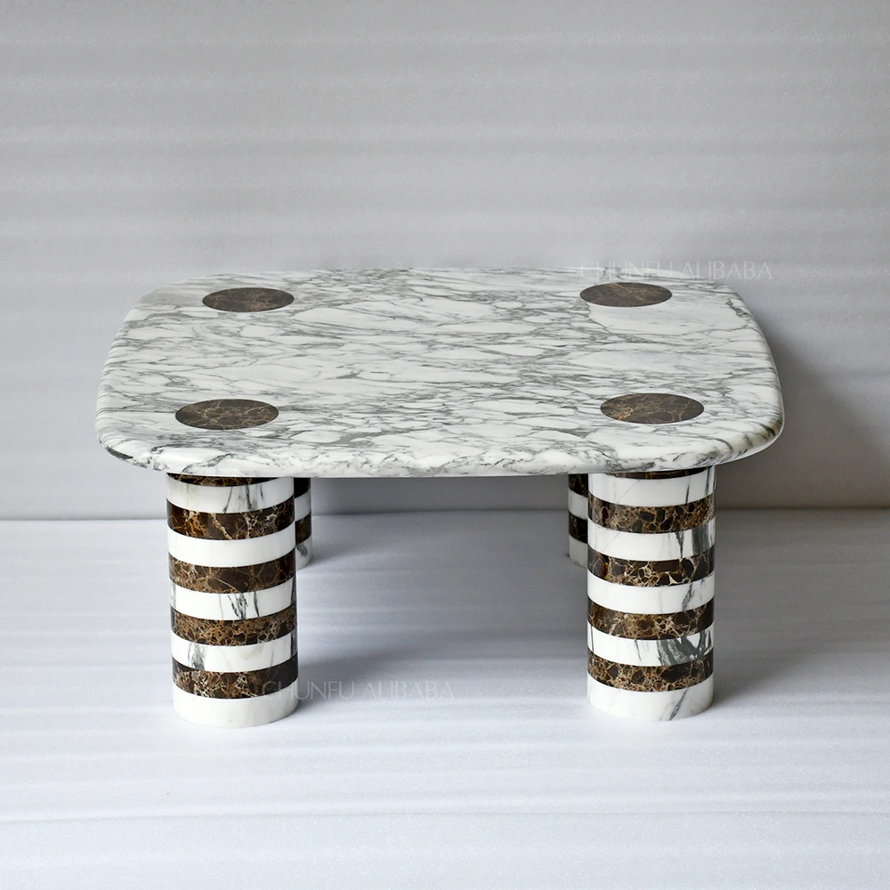 Chunfu Modern Eclectic Natural Marble Coffee Table with Striped Legs  for Living Room 1
