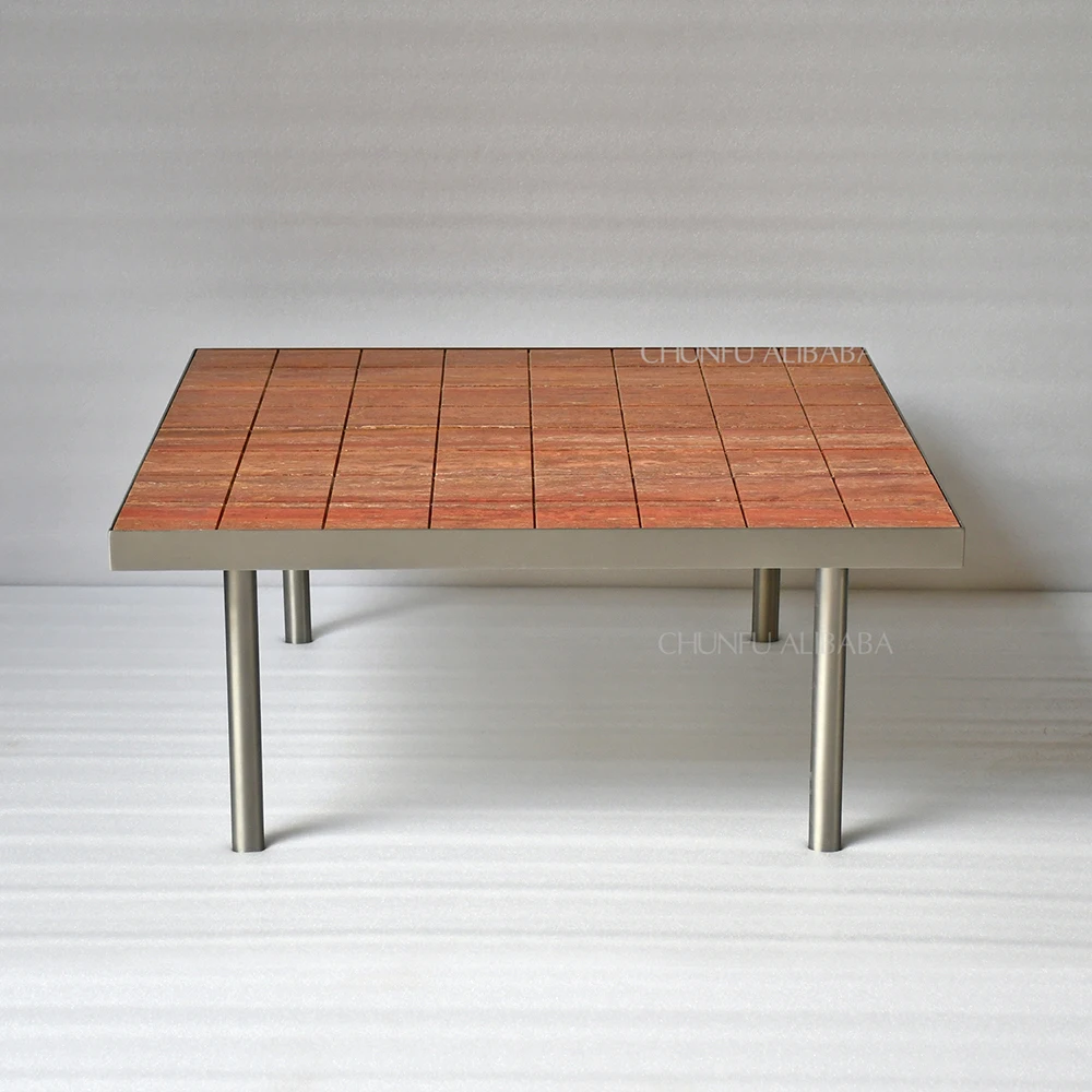 Chunfu Luxury Natural Red Travertine  with Stainless Steel Legs Coffee Table, Contemporary Square Coffee Table  for Living Room 1