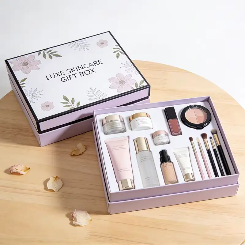 علب مربعة من الورق المقوى المموج الصلب القابل لإعادة التدوير، بشعار ملون حسب الطلب، مع تغليف لامع، مناسبة لمجموعات العناية بالبشرة. غطاء وقاعدة العلبة. 1