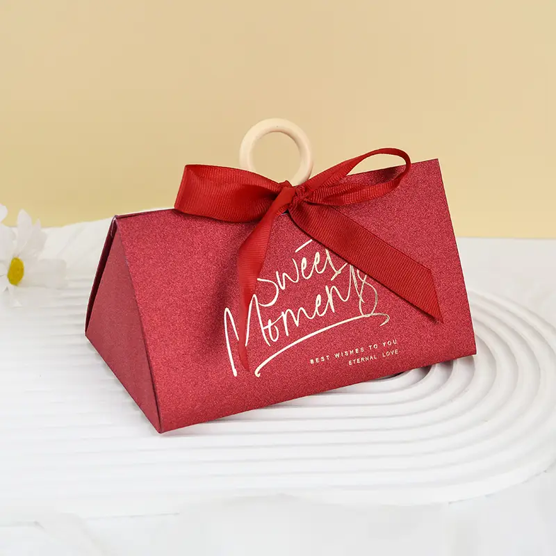 Red Glitter Paper Wedding Gift Bag Bow Wood Handle Eco 1