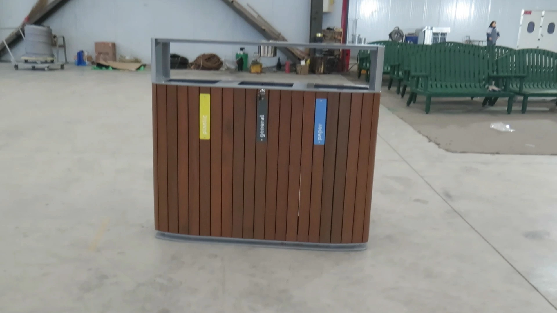 Commercial Grade Outdoor Trash Can | Wood-Look 3-Bin Waste Management Container with Ashtray 1