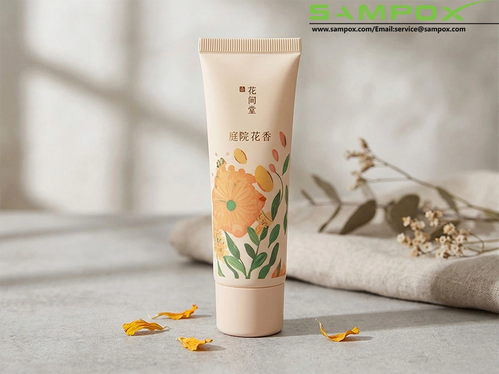 Tubo de crema de manos de PE con estampado floral color melocotón, 30 ml, 30 mm, con tapa de rosca. 1