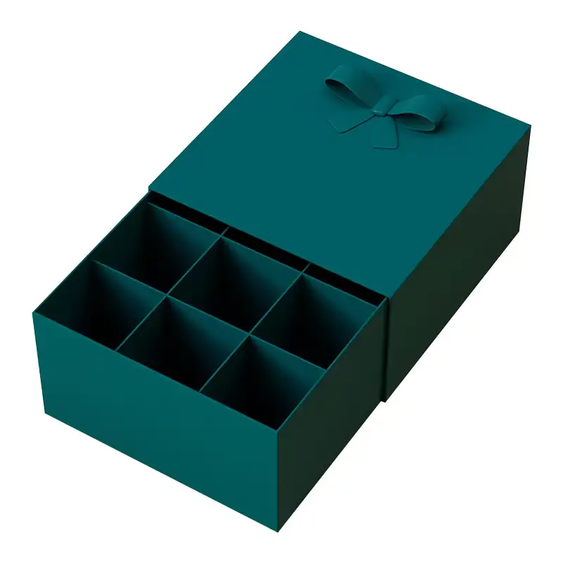 علبة هدايا شوكولاتة خضراء داكنة، مربعة الشكل، قابلة لإعادة التدوير، ذات بطانة مخصصة، عميقة، مغلفة بورق مقوى لامع. 1