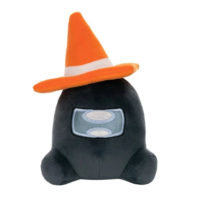 Peluche de bruja de Among Us de 25 cm, tripulante negro con sombrero de mago naranja, adorable muñeco de peluche para fans. 1