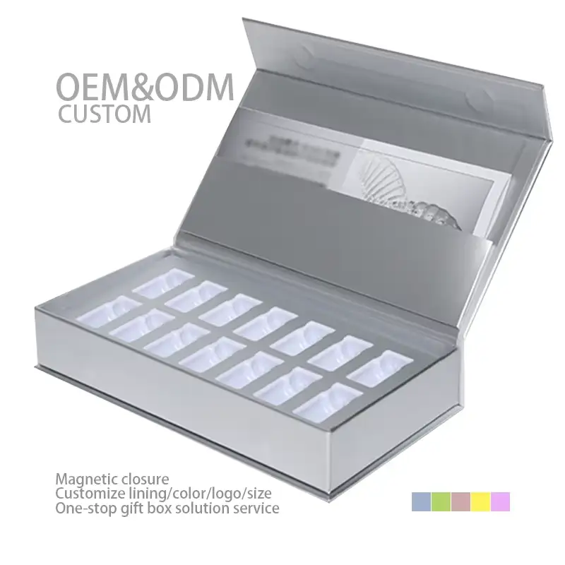 Custom Silver Recyclable Paper Card Square Compartment Lining Gift Craft Cosmetics Packaging Magnetic Closure Box Embossing Matt 1