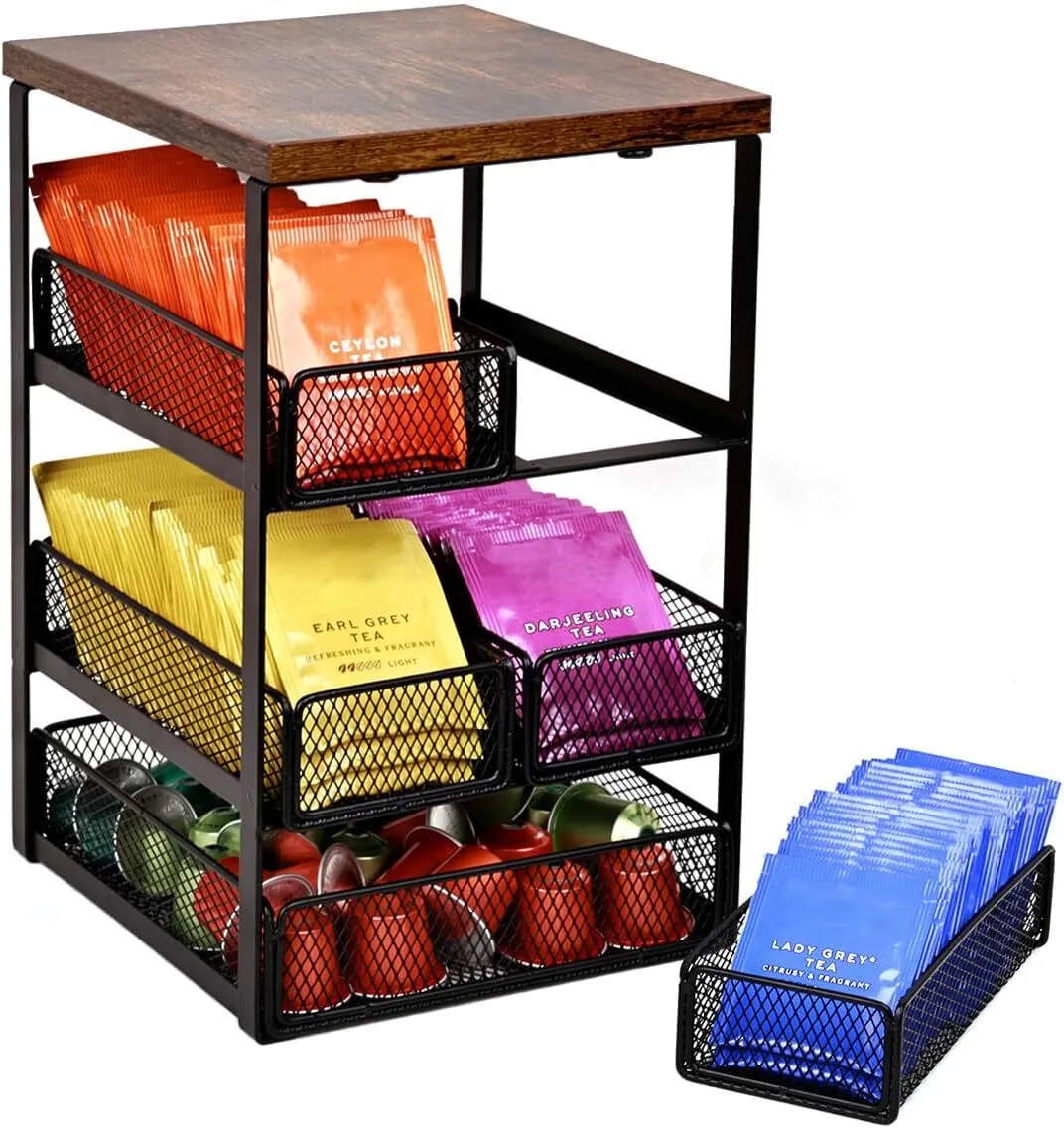 Tea Bag Organizer with 5 Drawers, Wooden & Metal Tea Storage Organizer for TeaBags, Coffee Pods, Creamers & Sugar – Countertop Tea Bag Holder for Coffee Bar and Kitchen SH-KI23113 1