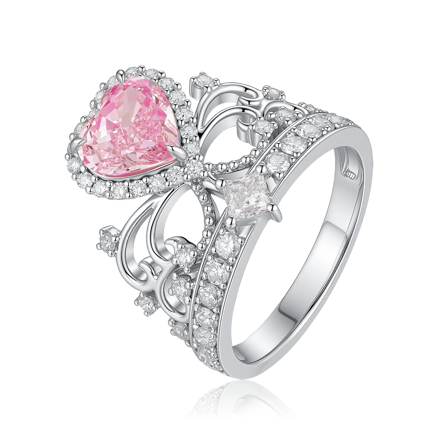 Heart-Shaped Pink VS Clarity Lab-Grown Diamond Set In Platium Crown Ring 1.47Ct Size US 6.75 ZKFZ072 1