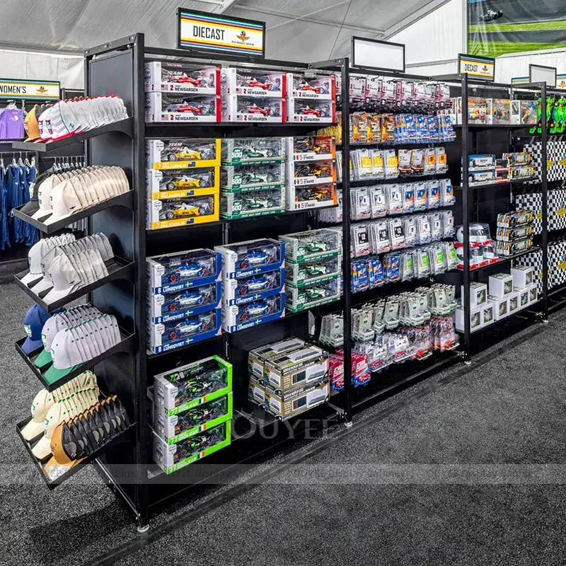 Modern Sportswear Wall Display Shelving With Central Apparel Gondola 1