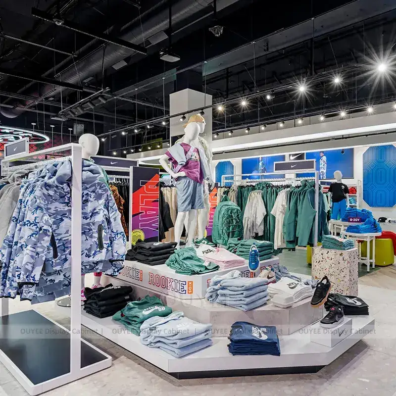 Open Sportswear Retail Display Fixtures With White Tables And Shoe Walls 1
