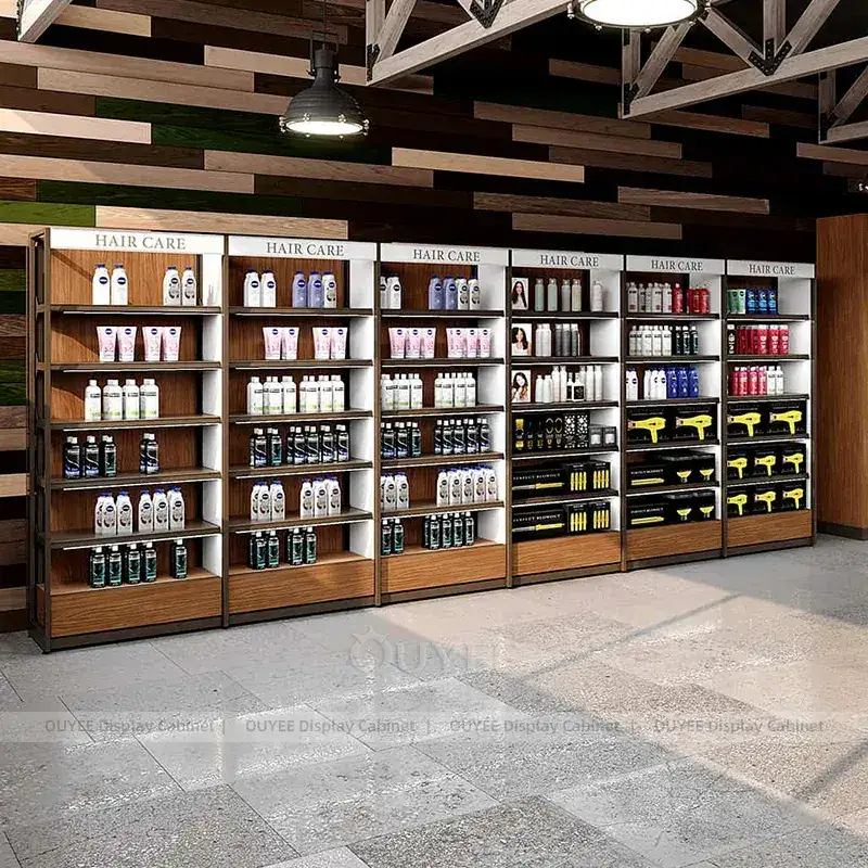 Warm Wood Retail Shelving System With Central Display Tables 1