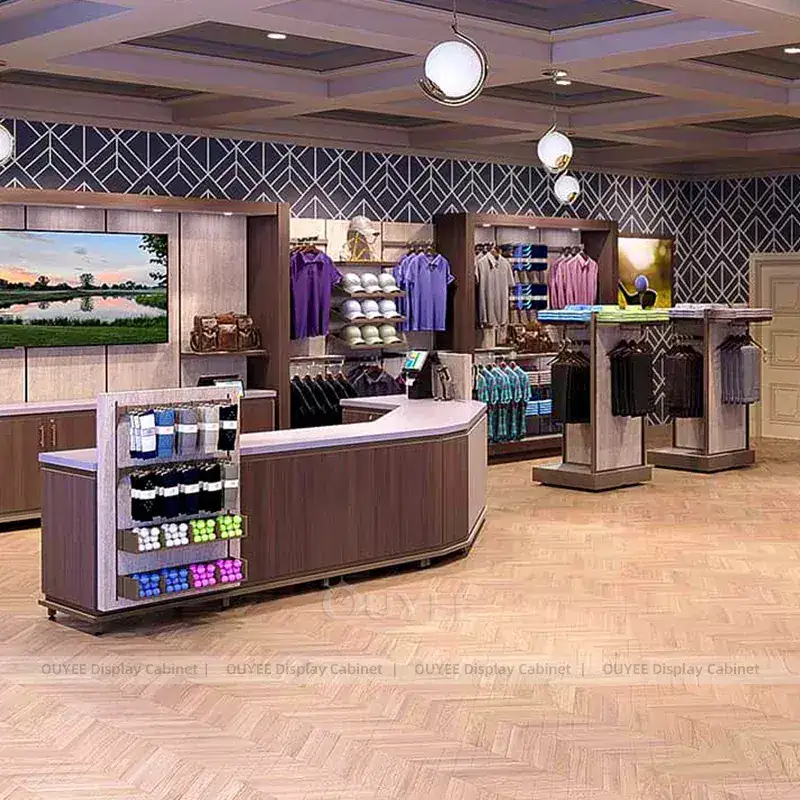 Luxury Golf Apparel Store Fixtures With Curved Cash Wrap And Wall Niches 1