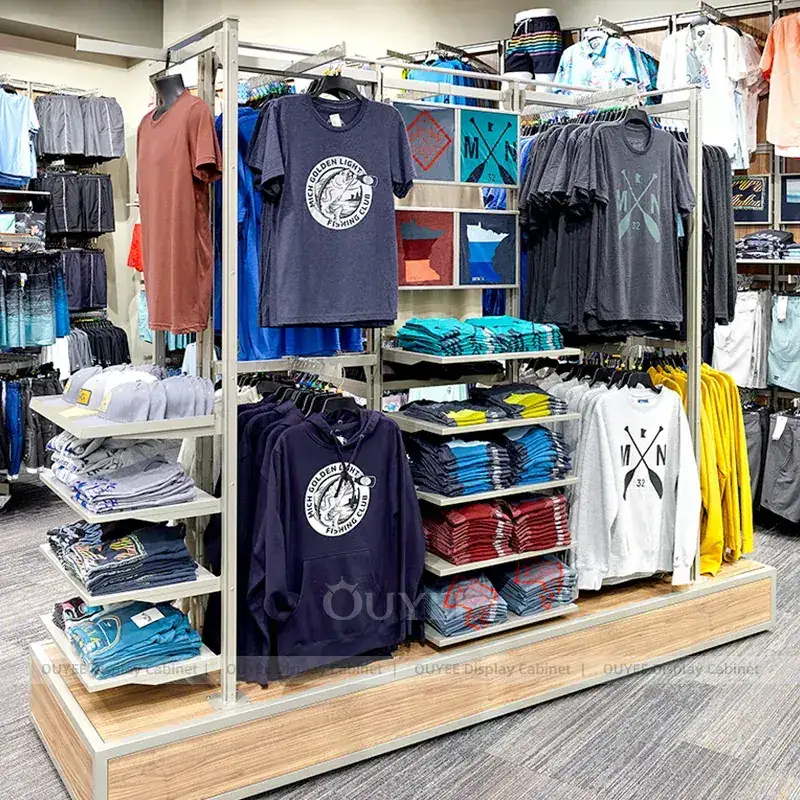 Casual Apparel Store Fixtures With Denim Tables And Accessory Wall Displays 1