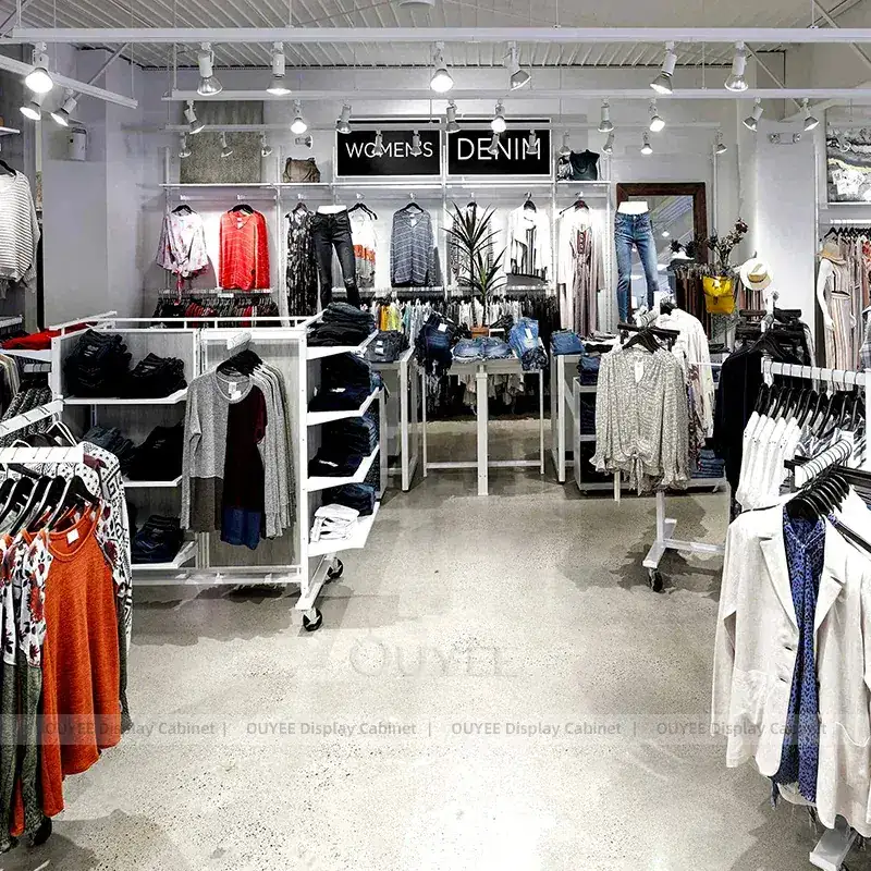White Fashion Retail Fixtures With Apparel Racks And Accessory Display Tables 1
