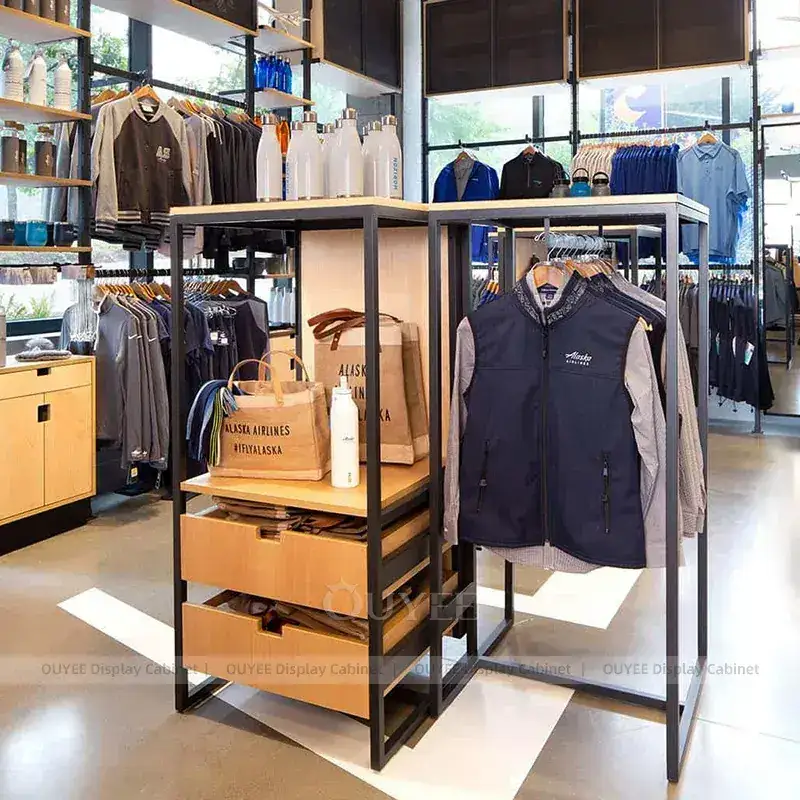 Modern Lifestyle Apparel Fixtures With Luggage Display Tables And Wood Wall Cubes 1