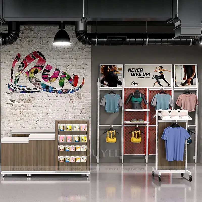 Youth Sportswear Store Fixtures With Mannequin Platforms And Shoe Wall Display 1