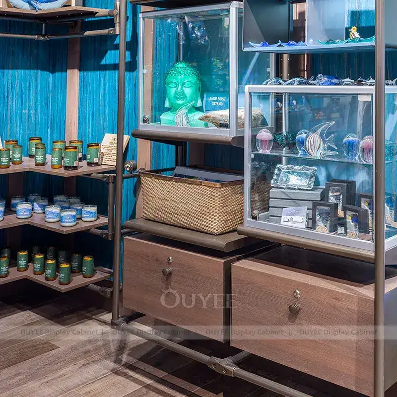 Blue Gift Shop Fixtures With Wall Shelving And Glass Display Cabinets 1