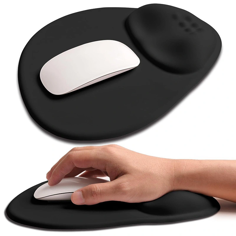 Black tear-drop shaped ergonomic wrist rest mouse pad with palm rest, mouse placement and wrist support display