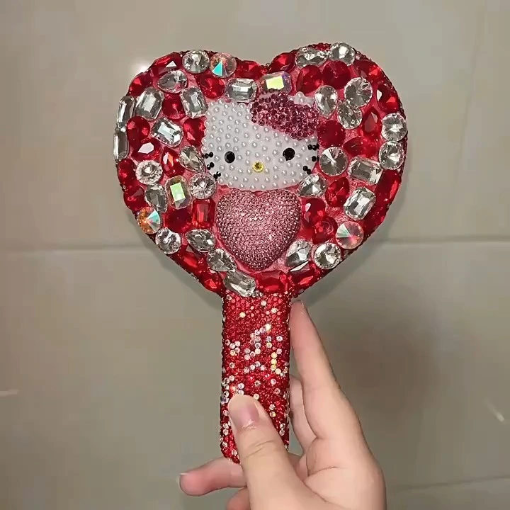 Compact Mirror Hello Kitty Heart-Shaped Handheld Diamond-Encrusted Mirror For Beauty YINGSHANG 1