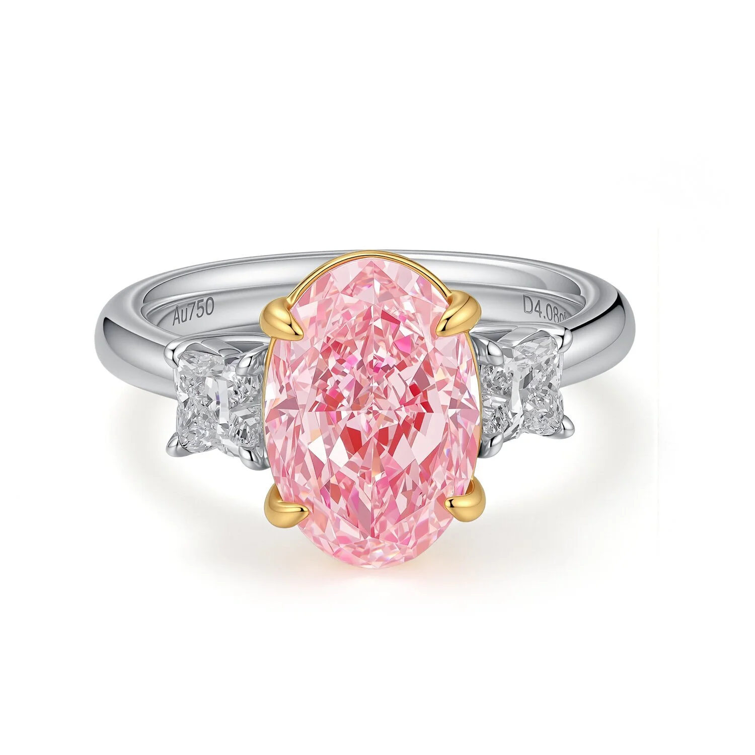خاتم من الذهب الأبيض/الوردي عيار 18 قيراطًا، مرصع بحجر وردي بيضاوي 4.08 قيراط، خاتم كلاسيكي بأربعة شوكات، خاتم بثلاثة أحجار، نقاء VS2، مقاس US6، رقم الموديل S001F80 1