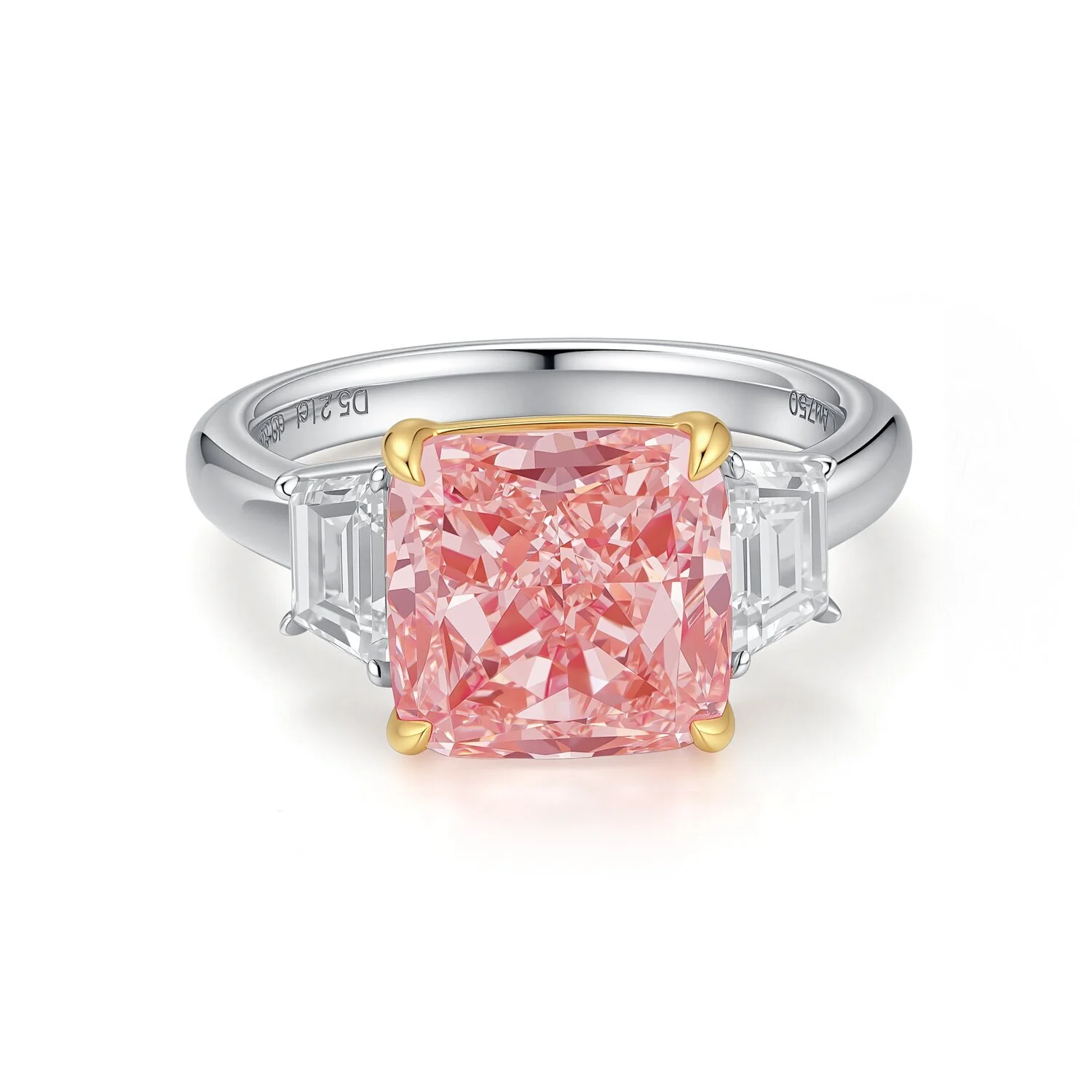 خاتم من الذهب الأبيض/الوردي عيار 18 قيراطًا، مرصع بحجر وردي وسادة بوزن 5.21 قيراط، خاتم كلاسيكي بأربعة شوكات، خاتم بثلاثة أحجار، نقاء VS1، مقاس US6، رقم الموديل S001F81 1
