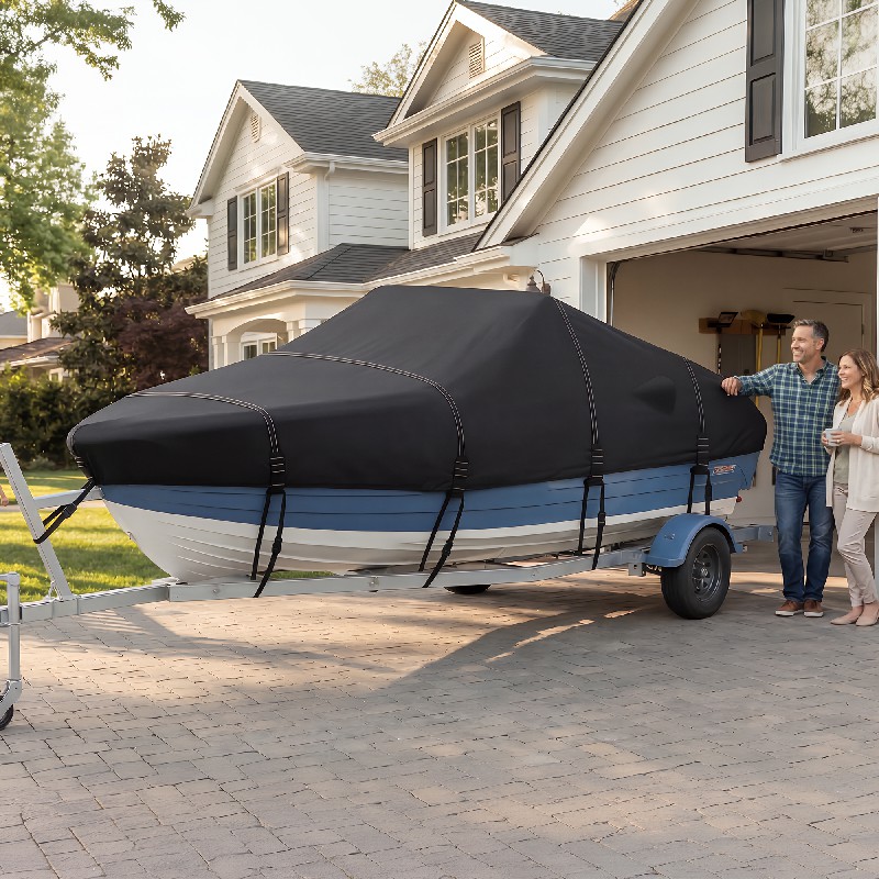 V-Shaped Boat Cover, 19-21FT/21-23FT/23-25FT 600D Oxford Cloth Waterproof Sun Protection Protective Cover, Customizable Fit for V-Hull, Fishing and Runabout Boats 7