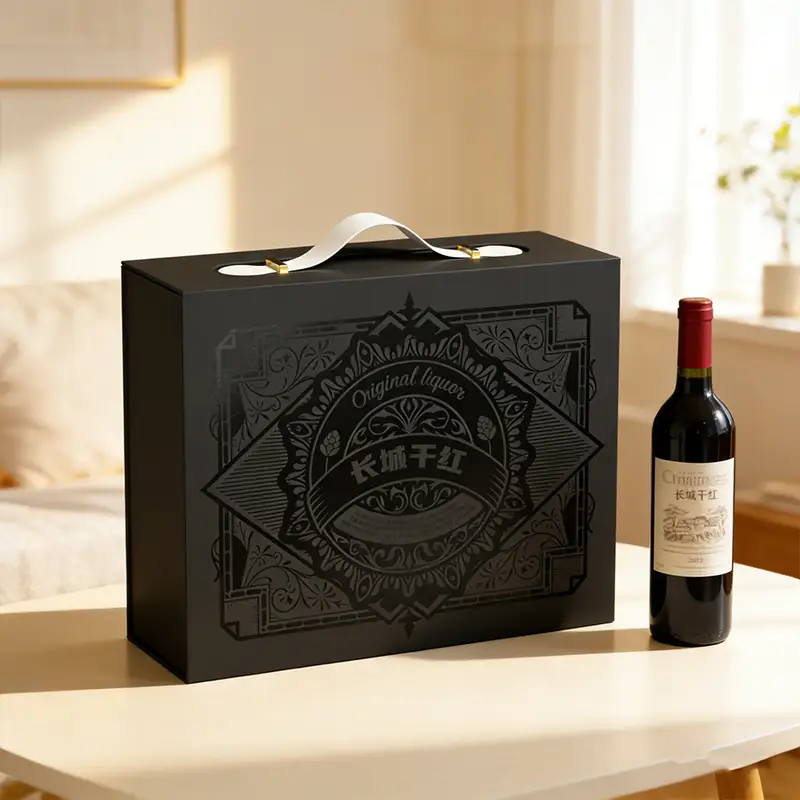 Customized Rigid Cardboard Wine Packaging Box with Handle and Matte Finish for Hand-Held Gift 1