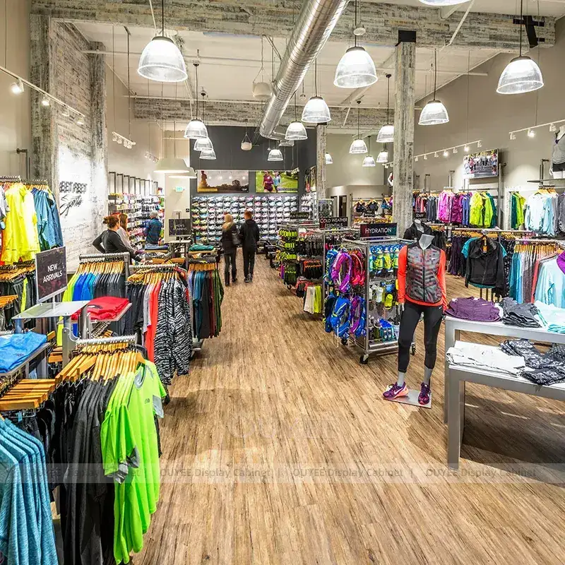 Athletic Footwear And Apparel Store Fixtures With Bench Seating And Wall Shoe Displays 1